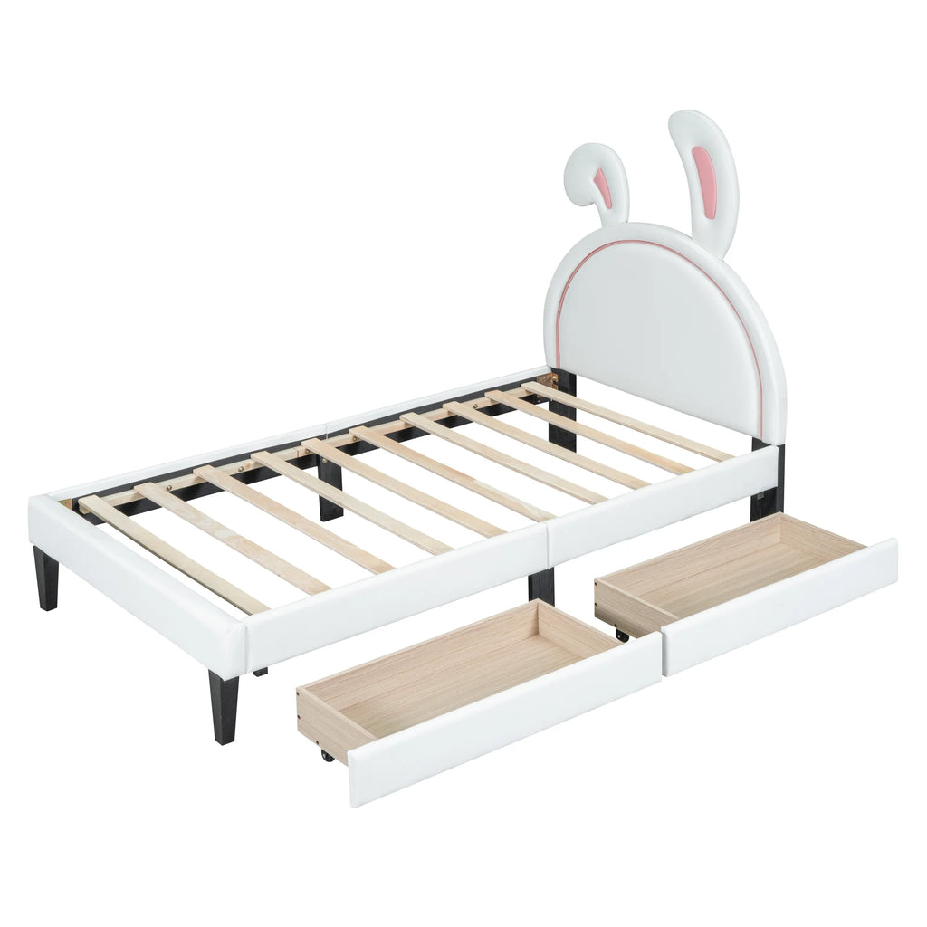 White Twin Size Upholstered Leather Platform Bed with 2 Drawers M892