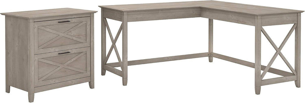 60W L Shaped Desk with Lateral File Cabinet in Washed Gray V767