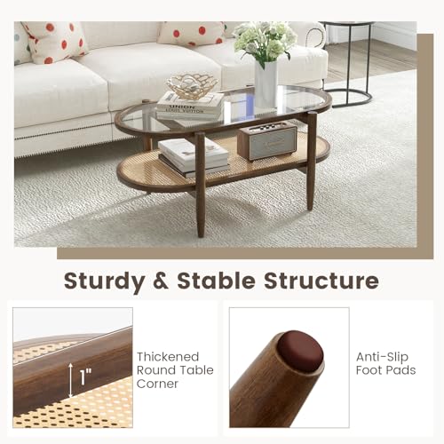 40”L Oval Acacia Wood Rattan Coffee Table with Tempered Glass Tabletop H241