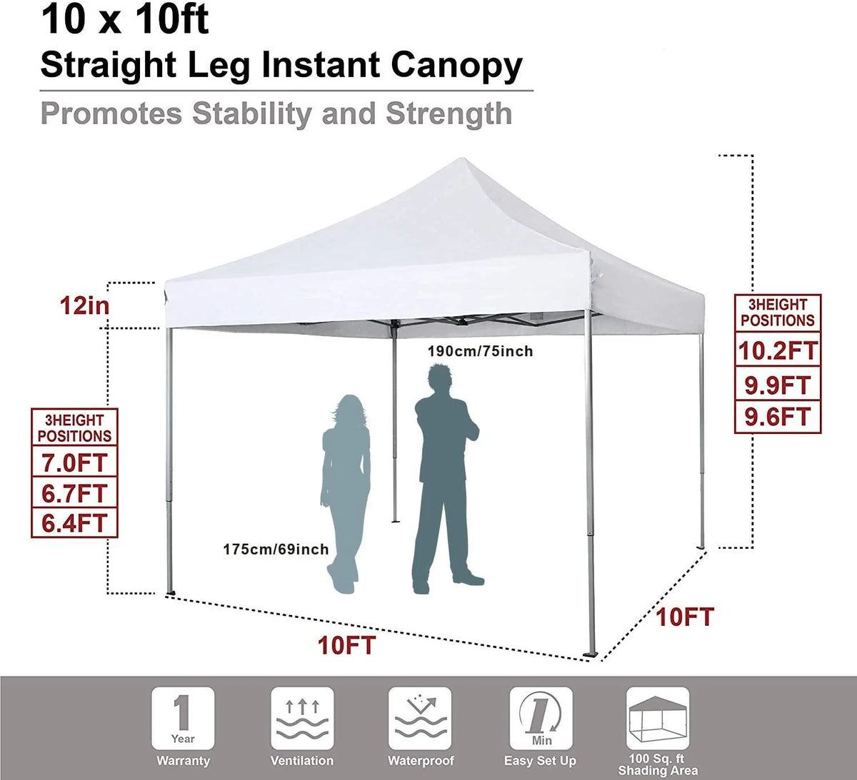 10' x 10' Instant Commercial Canopy Straight Leg Pop-up Canopy, White S69545