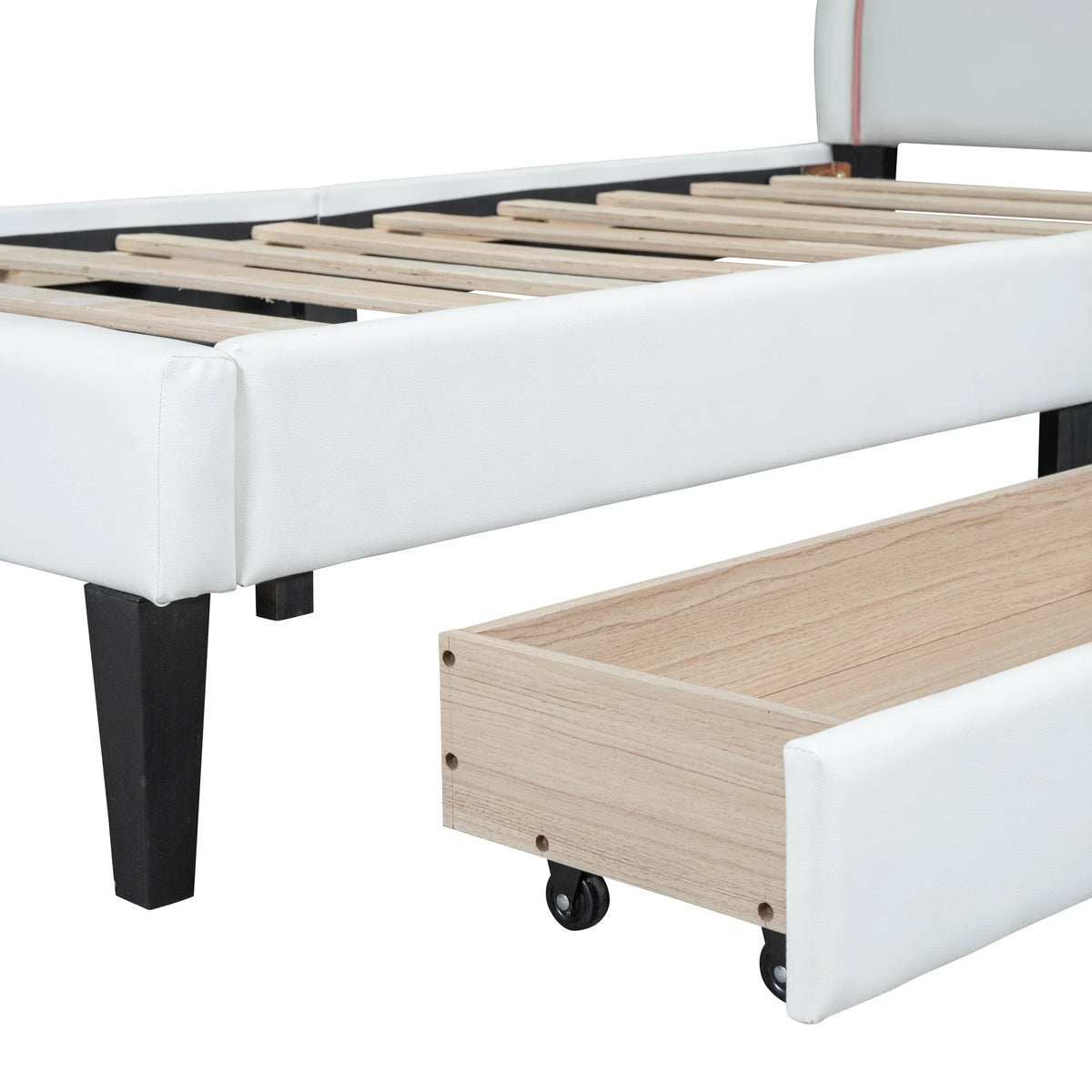 White Twin Size Upholstered Leather Platform Bed with 2 Drawers M892