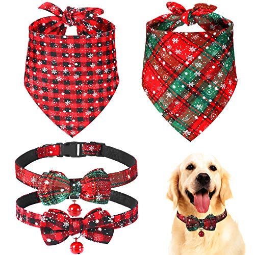 Christmas Dog Bandanas and Collars Set Plaid Adjustable with Safety Bell Q29996