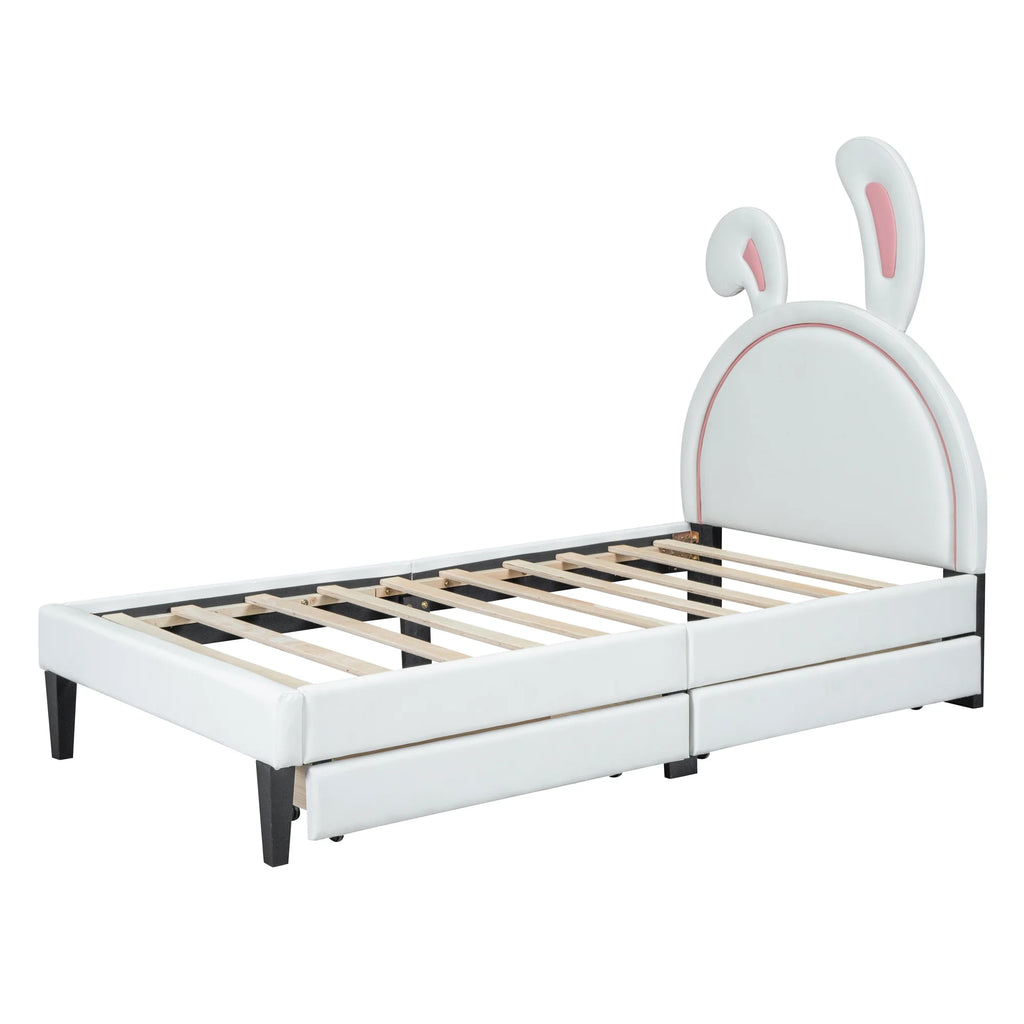 White Twin Size Upholstered Leather Platform Bed with 2 Drawers M892
