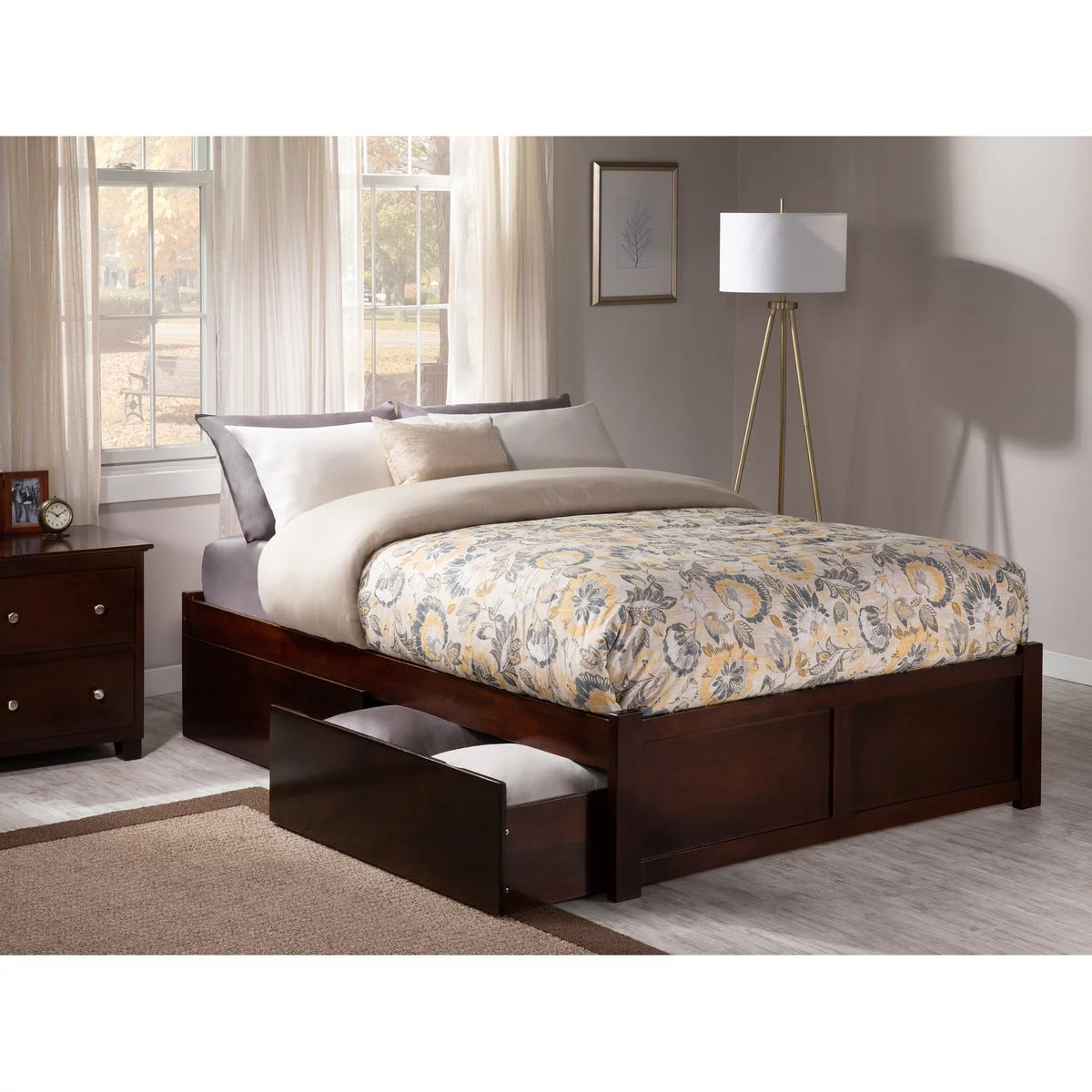 Queen Platform Bed with 2 Drawers in Walnut P204
