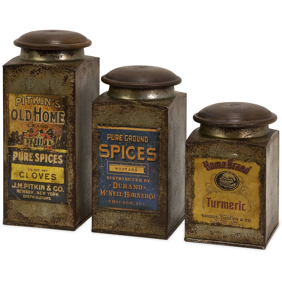 Vintage Label Wood and Metal Canisters (Set of 3) I413