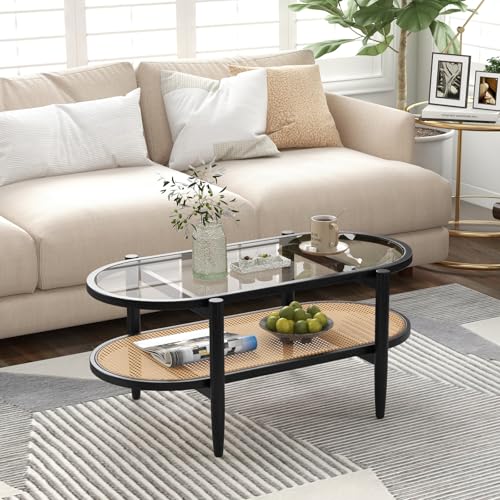 40”L Oval Acacia Wood Rattan Coffee Table with Tempered Glass Tabletop H241