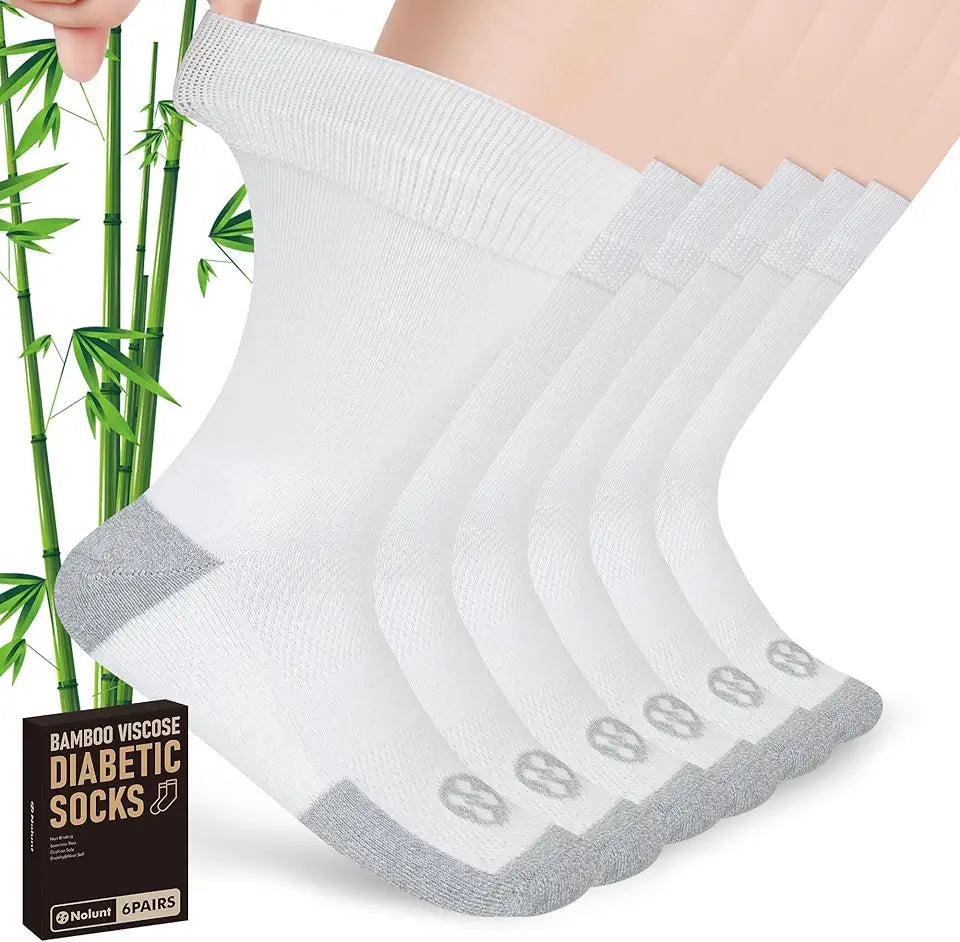 6 Pairs Crew Diabetic Socks White Large S67392
