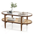 40”L Oval Acacia Wood Rattan Coffee Table with Tempered Glass Tabletop H241