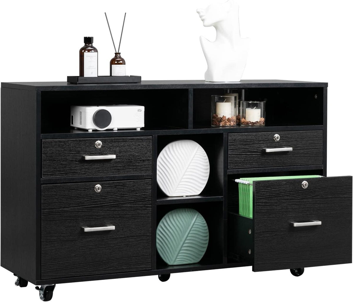 Black Wood Mobile File Cabinet with Drawers and Shelves O4118