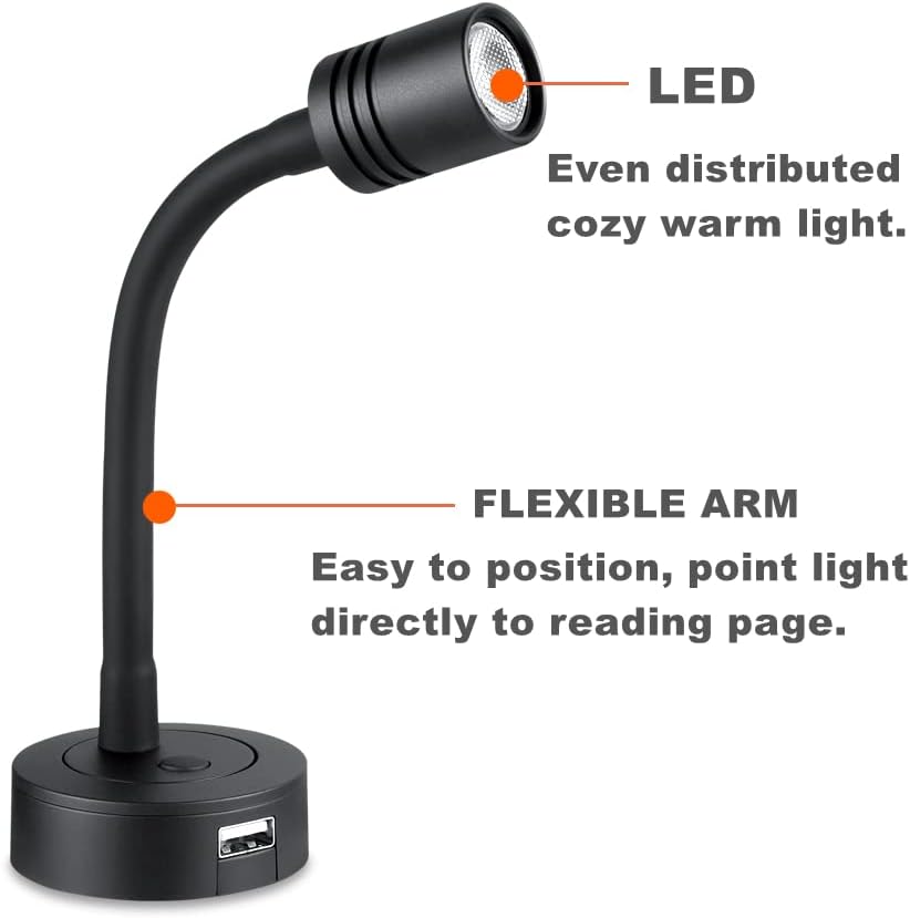 12V Dimmable Gooseneck LED Reading Light with USB Charger, Black, 2 Pack C12206