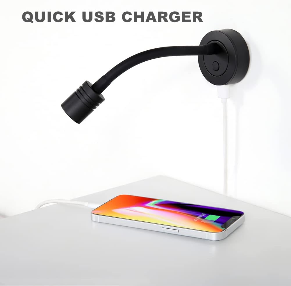 12V Dimmable Gooseneck LED Reading Light with USB Charger, Black, 2 Pack C12206