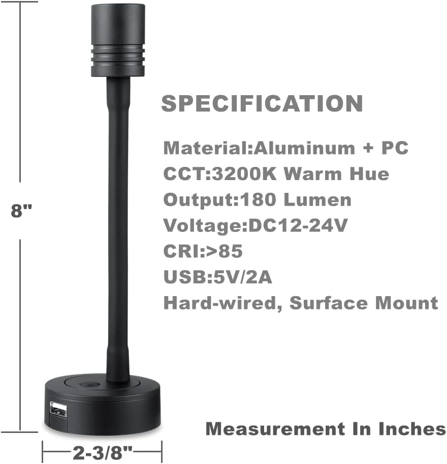 12V Dimmable Gooseneck LED Reading Light with USB Charger, Black, 2 Pack C12206