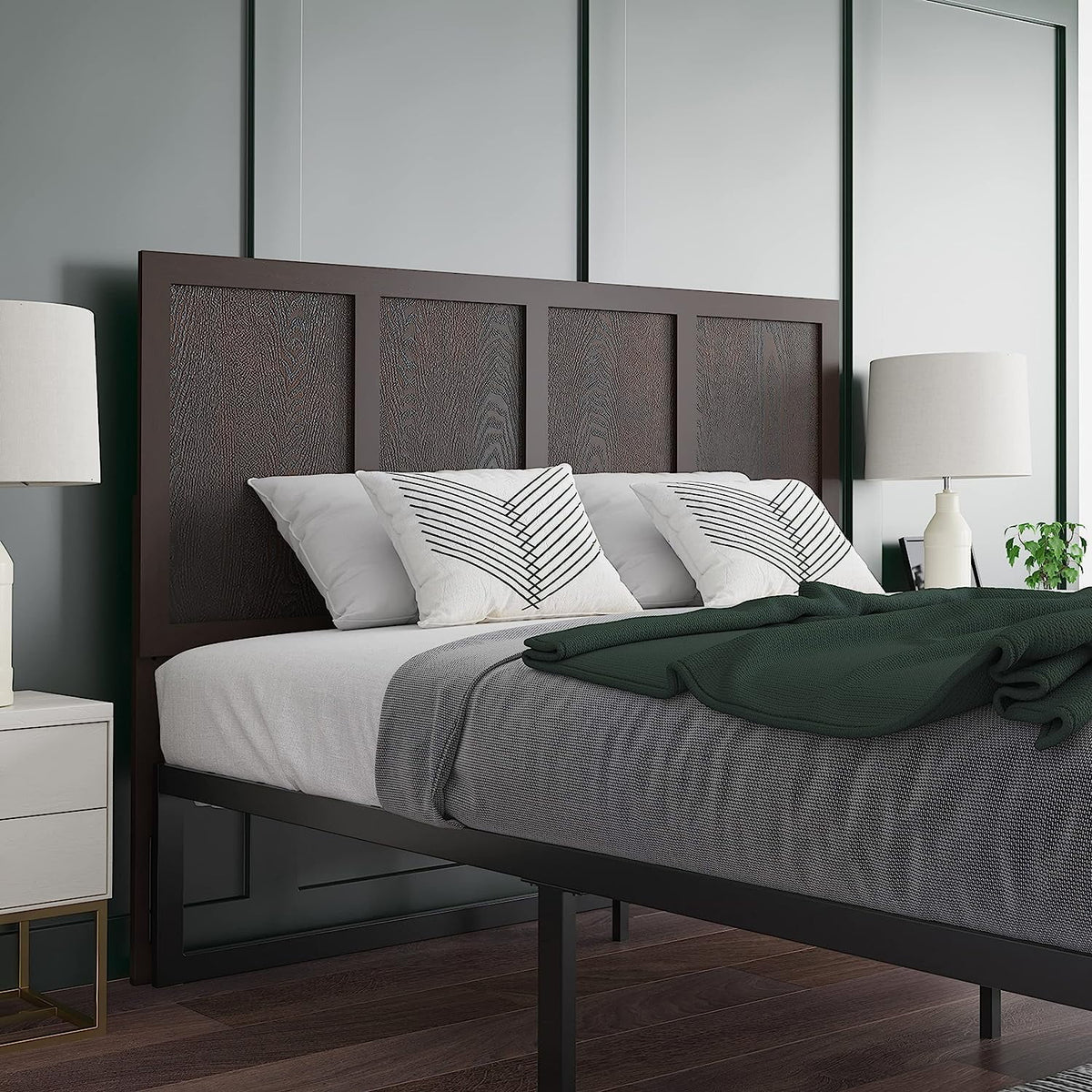 Queen Size Four Panel Wooden Adjustable Headboard Dark Brown Q21798