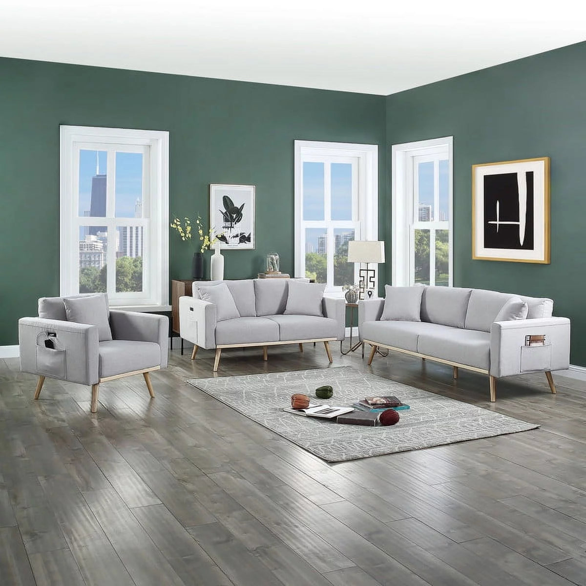 Light Gray Linen Fabric Sofa Loveseat Chair Set W375