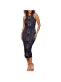 Black Lace Zippered Sleeveless Halter Midi Sheath Dress Q53633