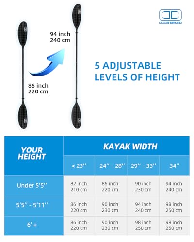 Adjustable Carbon Fiber Kayak Paddle 86in to 94in with Paddle Leash F525245