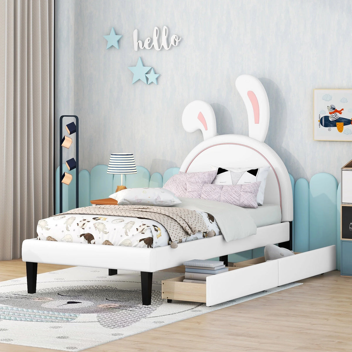 White Twin Size Upholstered Leather Platform Bed with 2 Drawers M892