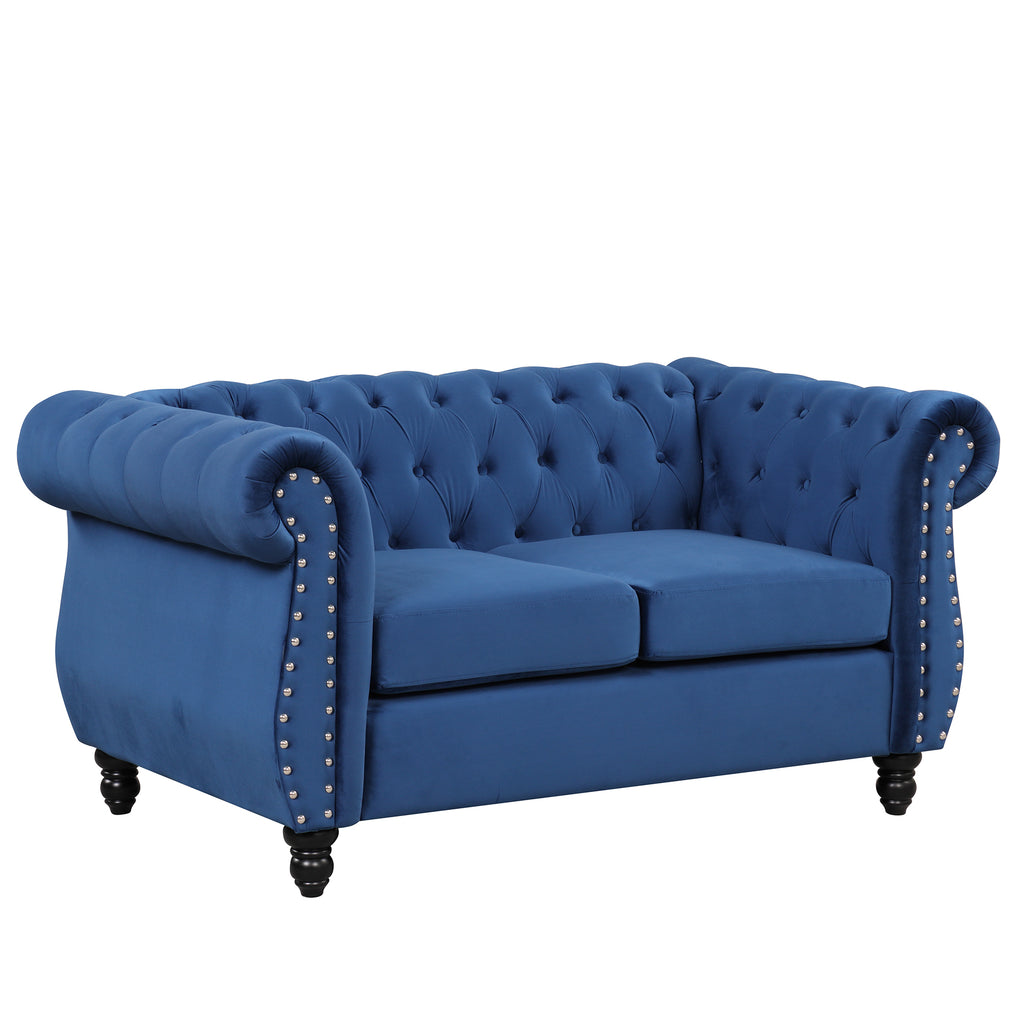 Blue Plush Upholstered Sofa with Solid Wood Legs O157