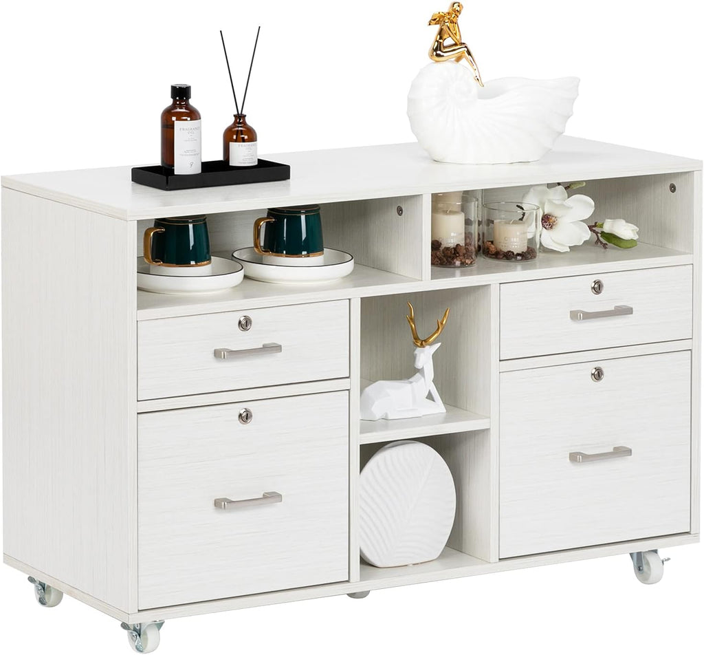 Black Wood Mobile File Cabinet with Drawers and Shelves O4118