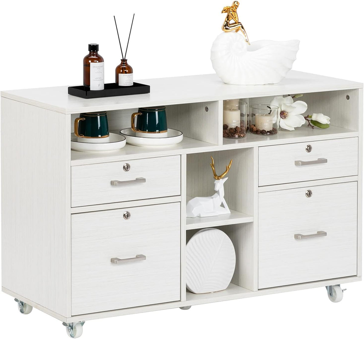 Black Wood Mobile File Cabinet with Drawers and Shelves O4118
